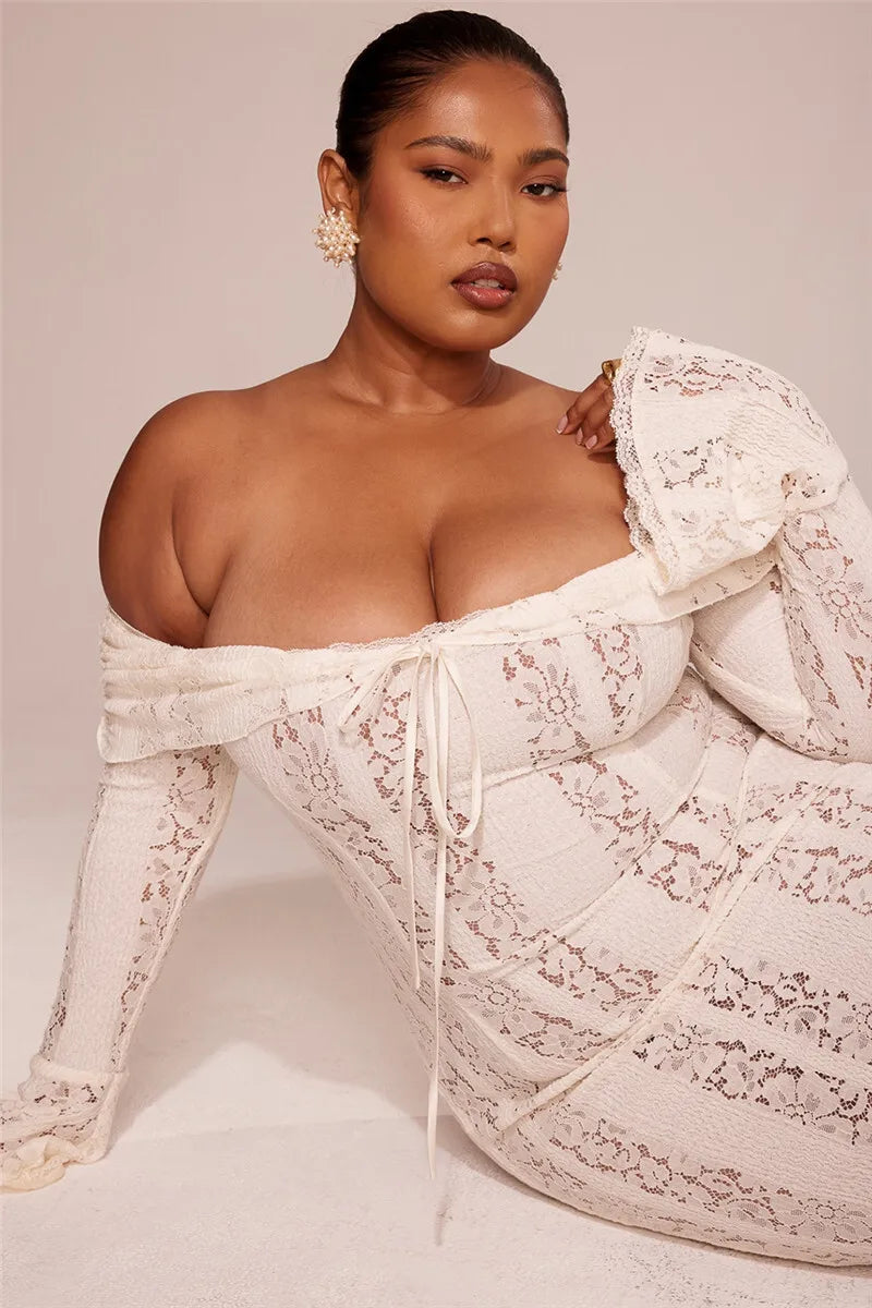 שמלת מקסי תחרה כתפיים חשופות - ג'יין