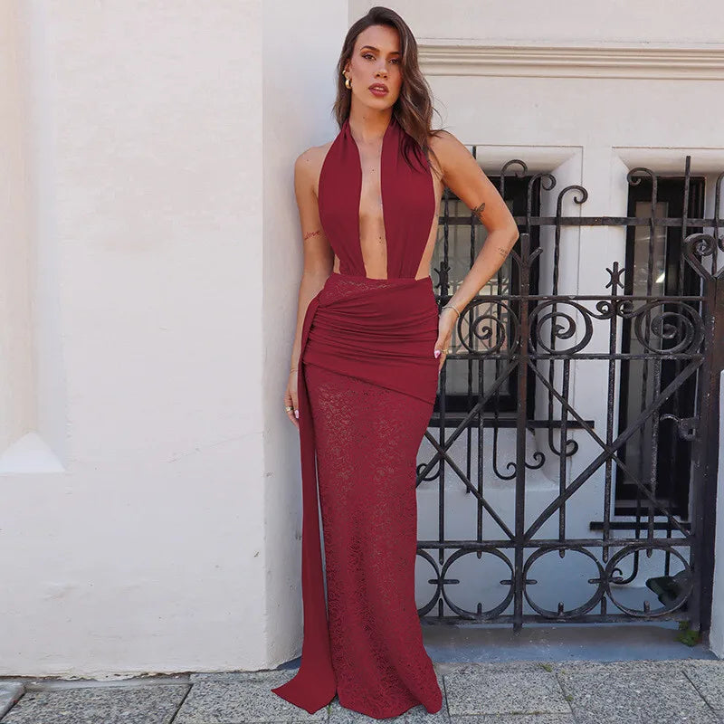 שמלת מקסי כיווצים בעיצוב גב פתוח ומחשוף עמוק בעיטור תחרה ושובל - מריאל