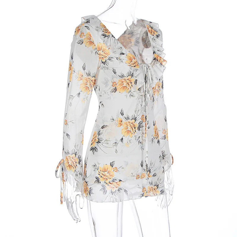 שמלת מיני שיפון פרחונית מלמלה - מרי לין