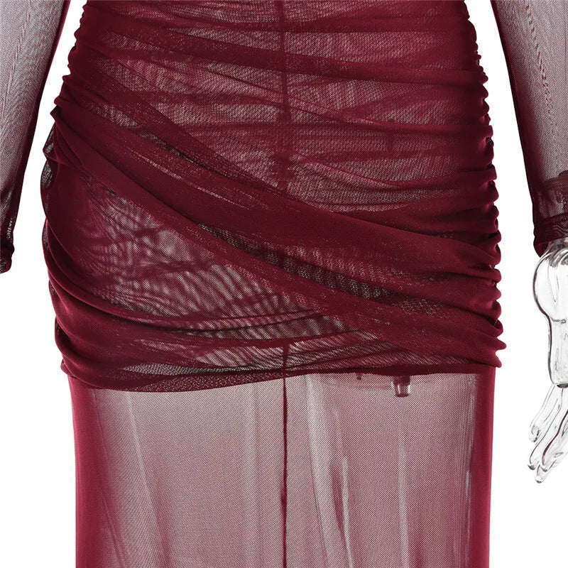 שמלת מקסי רשת בעיצוב כיווצים - גוון