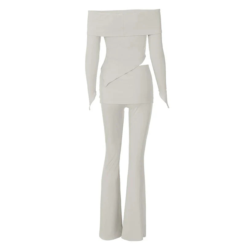 חליפת שני חלקים סרוגה חולצת כתפיים חשופות בגזרה אסימטרית ומכנסיים ארוכים - ROZIE