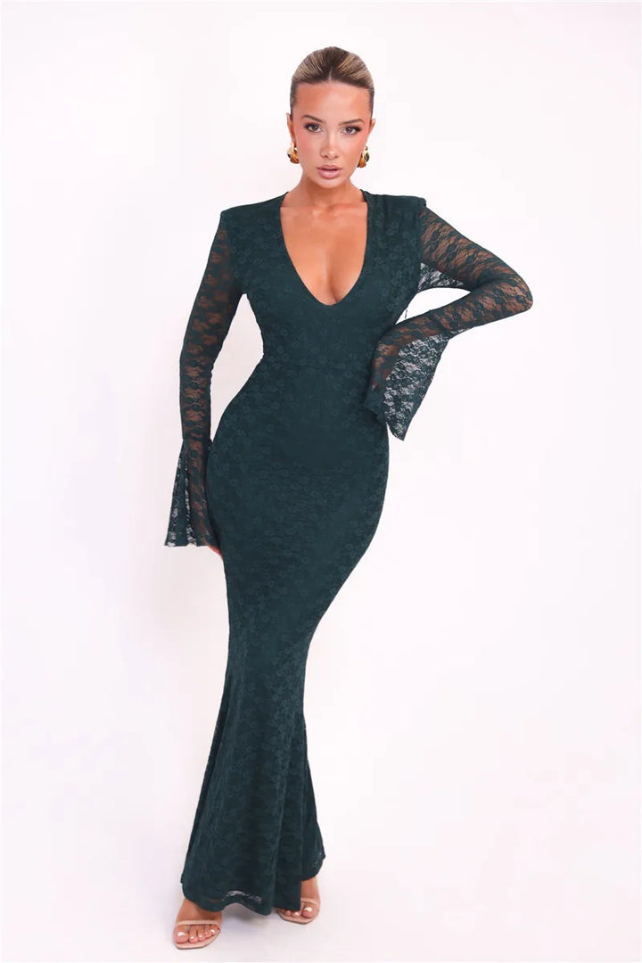 Bell Sleeve Lace Maxi Dress V Neckline - Zohara