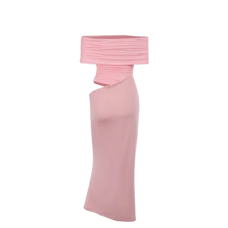 שמלת מקסי כיווצים בעיצוב רשת וכתפיים חשופות - קשת