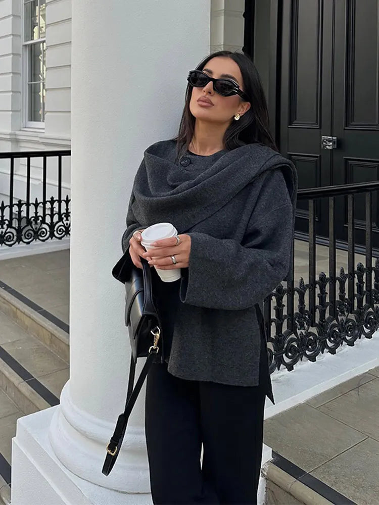 מעיל צמר מחויט בעיטור צעיף תואם - ג'ו