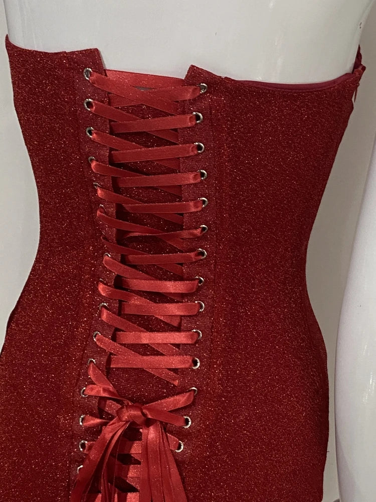 שמלת מיני סטרפלס נצנצים קשירות בגב להצרה והצמדה - טוהר