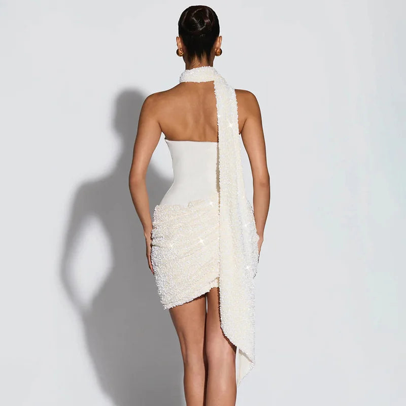 Sequin mini dress with scarf decoration - GIGI