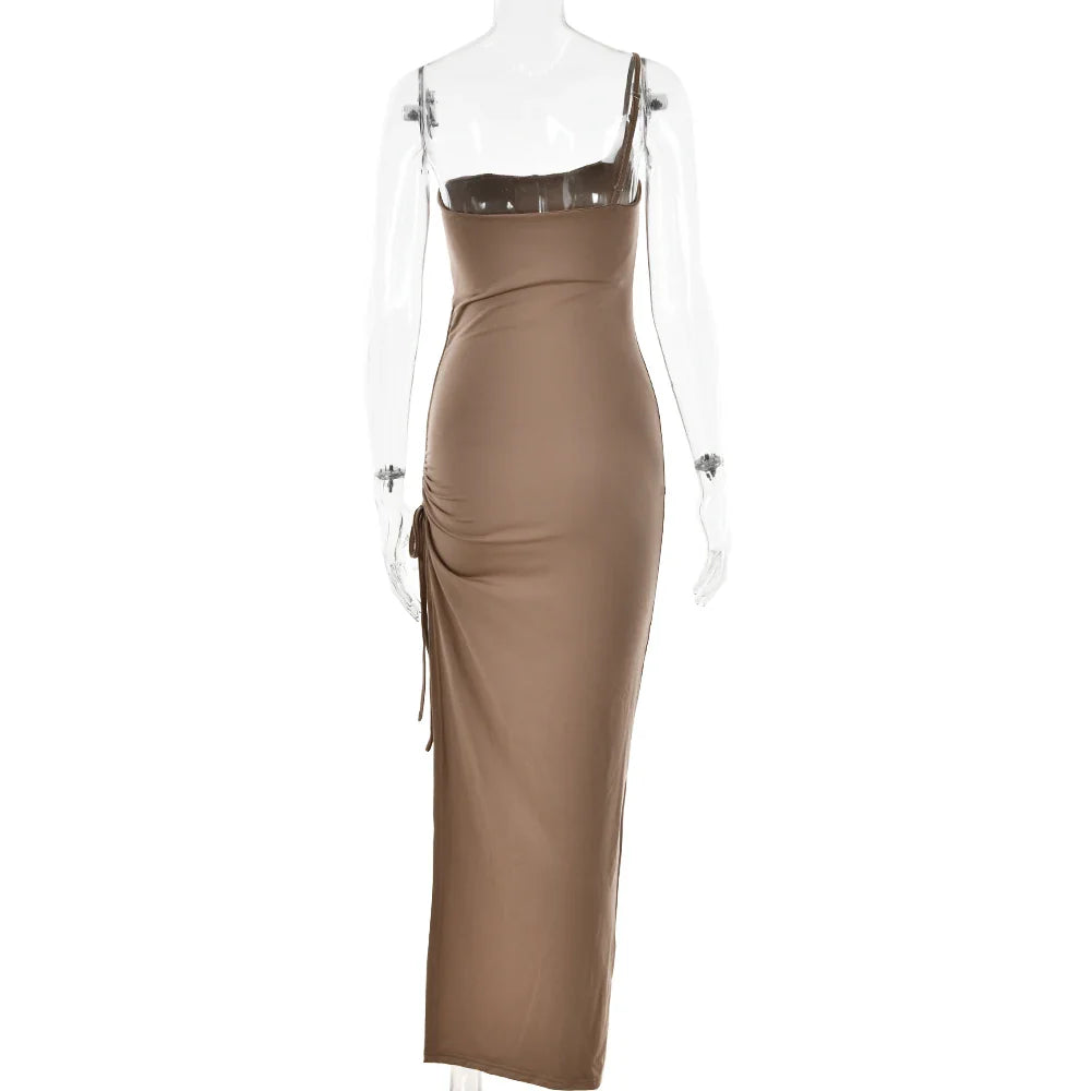 שמלת מקסי כיווצים כתפיה אחת בעיצוב חוטי קשירה להתאמת השסע - ליב