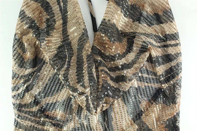 שמלת מקסי פייטים מנומרת צווארון נופל גב פתוח - Magnolia