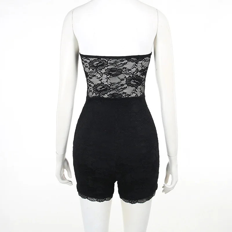 אוברול סטרפלס מכנסיים קצרים בעיטור מחוך תחרה - Alex