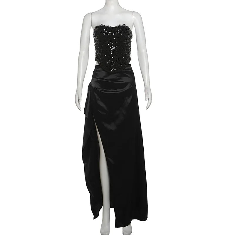 סט שני חלקים חצאית מקסי סאטן וטופ מחוך סטרפלס בעיטור פייטים - Milani