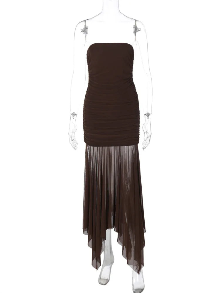 שמלת מקסי סטרפלס בעיטור שיפון - סיסיליה