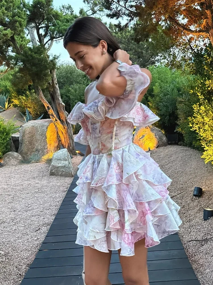 שמלת מיני מלמלה כתפיים חשופות בעיצוב פרחוני - ליסה