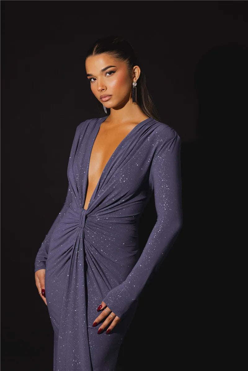 שמלת מקסי נצנצים בעיצוב כיווצים מחשוף V עמוק - אריקה