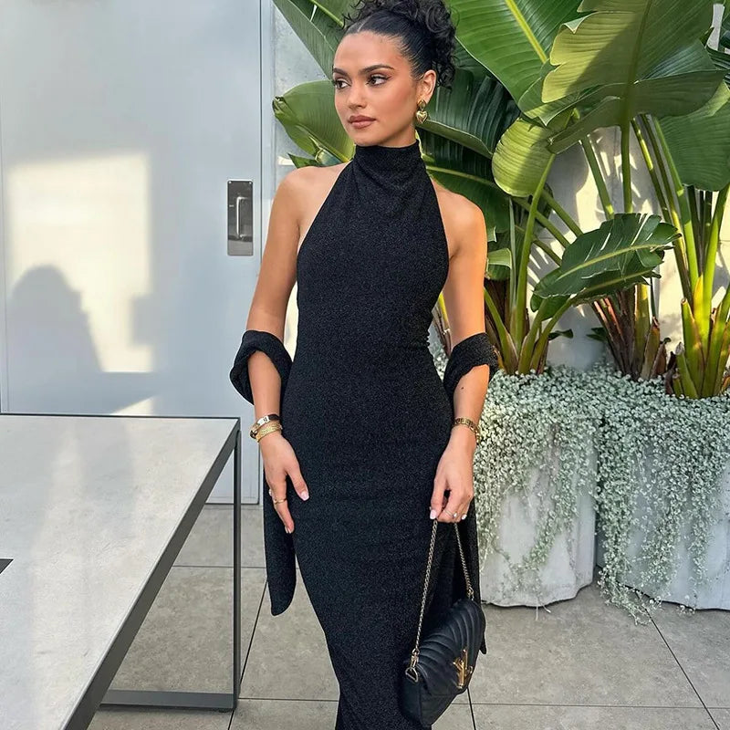 שמלת מקסי נצנצים צמודה בגזרת גולף גב פתוח בעיטור צעיף תואם - מילגרוס