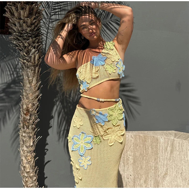 שמלת חוף רשת סרוגה / סט חוף שני חלקים טופ וחצאית מקסי רשת סרוגה בעיטור אפליקציות פרחים - סאנשיין