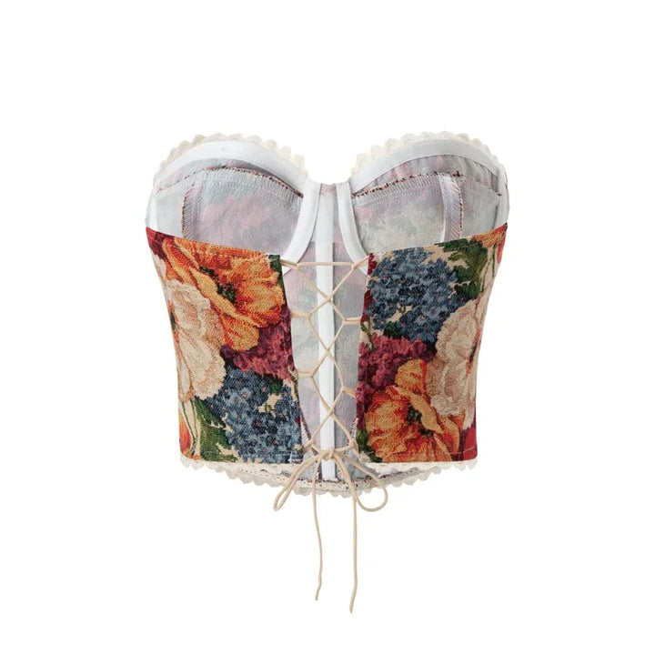Strapless corset with tie-back in vintage floral design