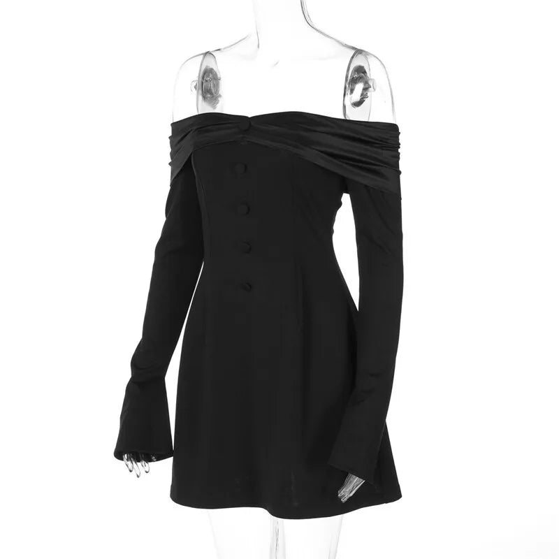 שמלת מיני בגזרת A כתפיים חשופות בעיטור כפתורים - מיליאן