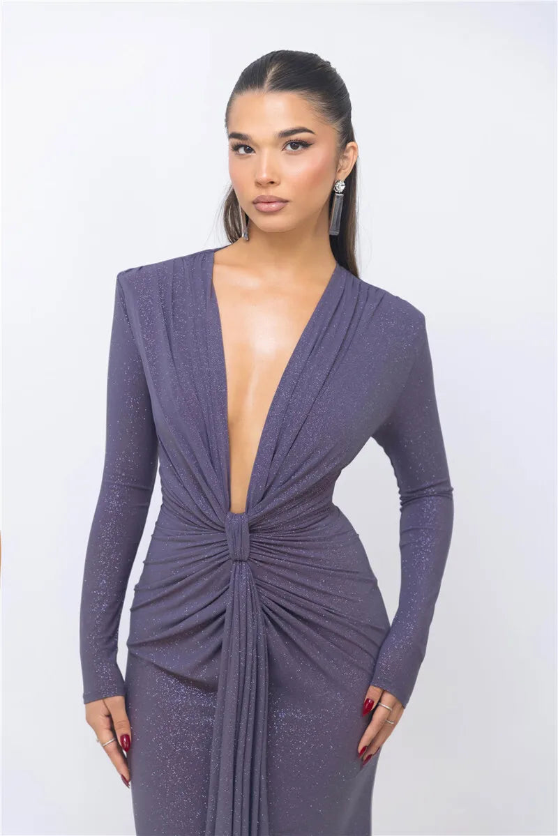 שמלת מקסי נצנצים בעיצוב כיווצים מחשוף V עמוק - אריקה