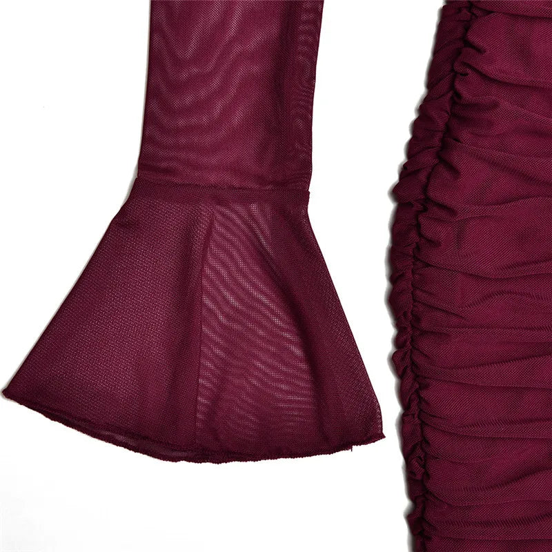 שמלת מיני קיפולים צווארון גולף שרוולי שיפון פעמון -  NARA