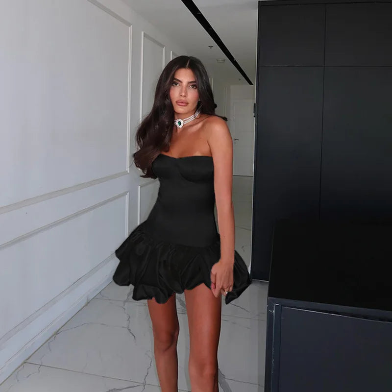 שמלת מיני סאטן סטרפלס בעיצוב בלון כיווצים - BELLEN