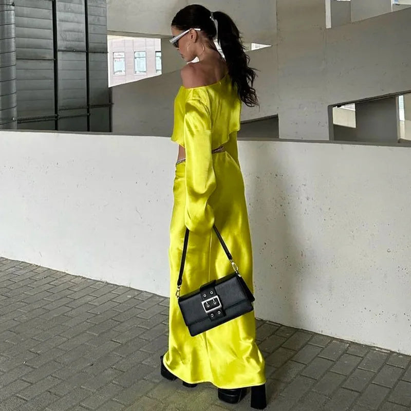 סט סאטן שני חלקים חולצה וחצאית מקסי - דניאלה