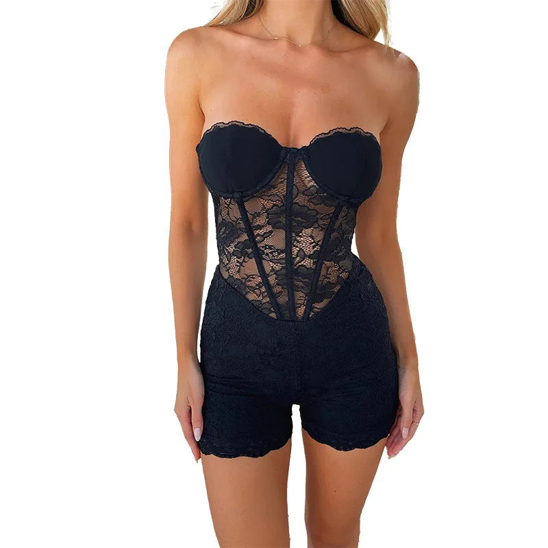 אוברול סטרפלס מכנסיים קצרים בעיטור מחוך תחרה - Alex