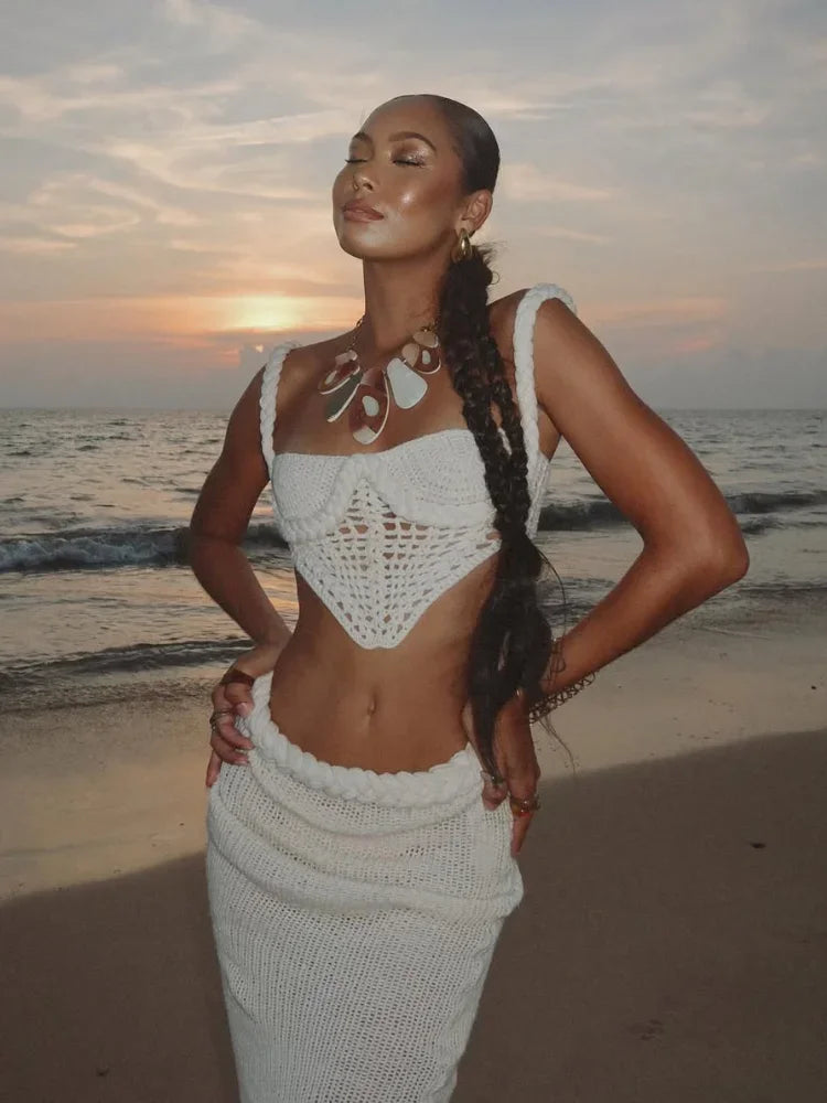 סט חוף סרוג שני חלקים טופ וחצאית מקסי - Aqua