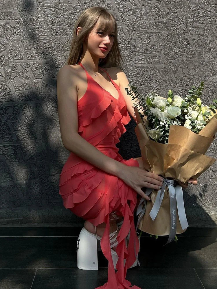 שמלת מיני כפלים מלמלה מדורגת בשילוב אלמוגים - טוני