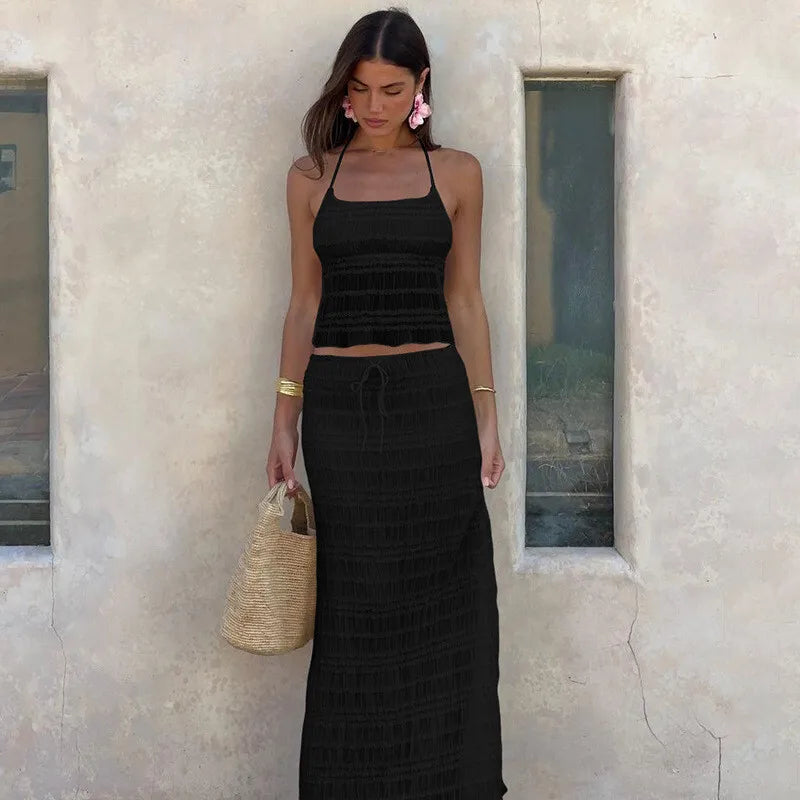 סט שני חלקים בעיצוב שיפון וכיווצים טופ קשירה וחצאית מקסי - אורורה