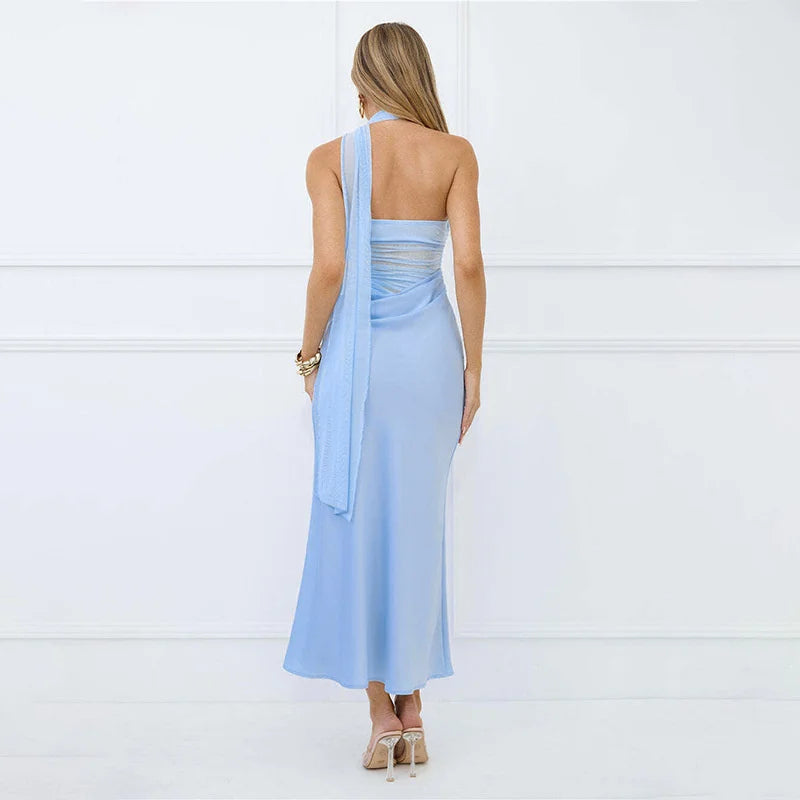 שמלת מקסי בעיצוב רשת וליפוף צעיף בצוואר - ללין