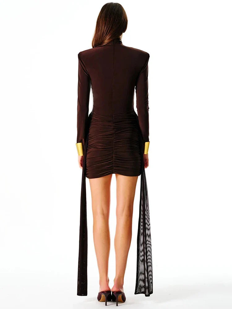 שמלת מיני צווארון גולף בעיצוב חלק תחתון שיפון כיווצים בגזרת קרוס בעיטור שובלי שיפון - מרינה