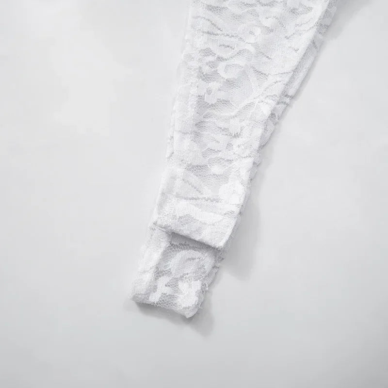 חליפת תחרה שני חלקים בגד גוף ומכנסיים ארוכים בעיטור חצאית מיני  - Meadow