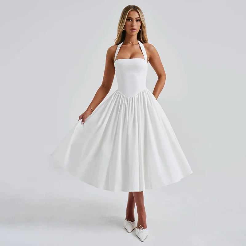 שמלת מידי בגזרת A גב פתוח קשירה בצוואר - Angie