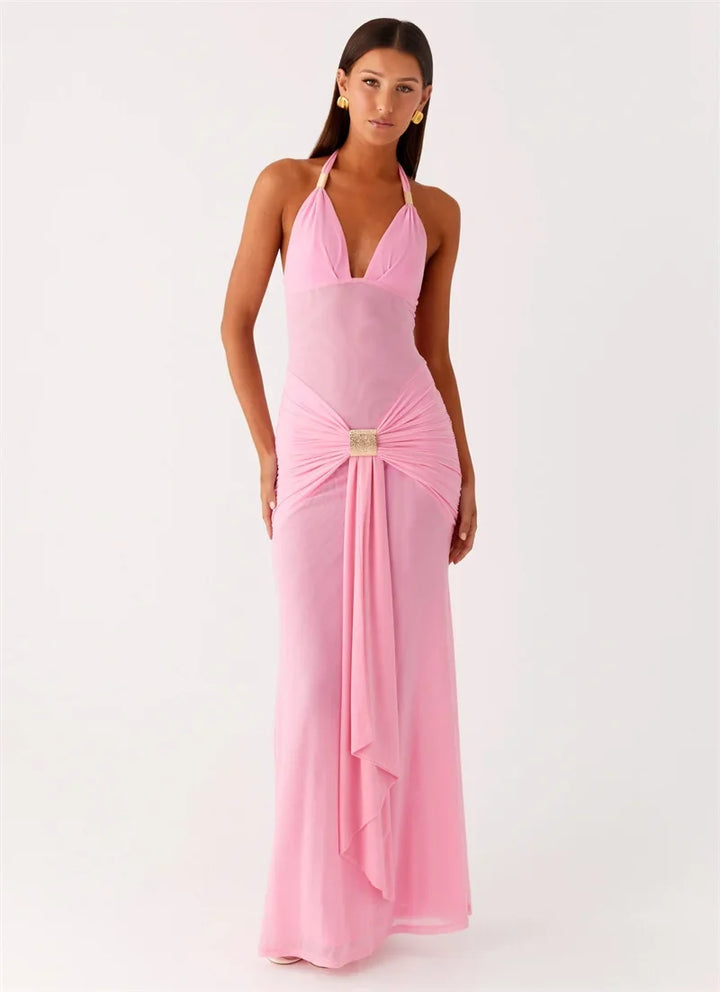 Maxi dress with a buckle design and open back - Tzahala
