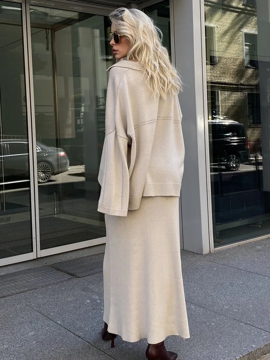 חליפת שני חלקים loose סרוגה חצאית מקסי וחולצה - שילב