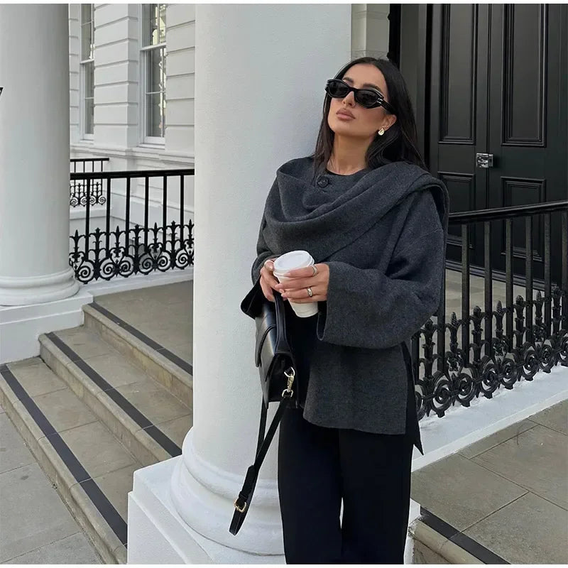 מעיל צמר מחויט בעיטור צעיף תואם - ג'ו