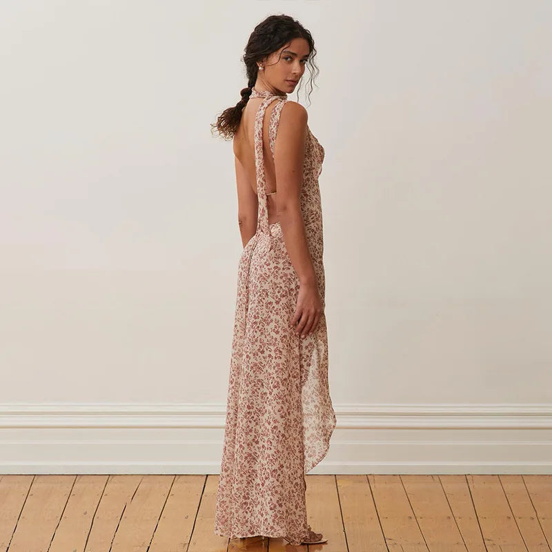 שמלת מקסי פרחונית גב פתוח שסע בתוספת צעיף - אליי