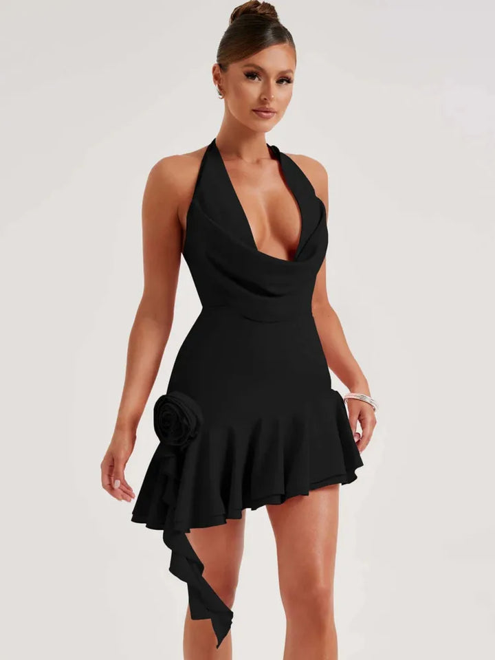 Ruffle mini dress with draped collar and flower detail - MARIELLA