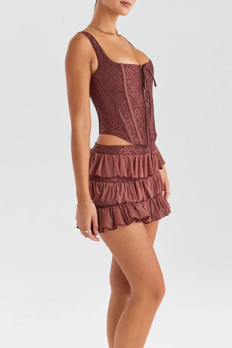 סט שני חלקים טופ מחוך קשירות וחצאית מלמלה מדורגת סטייל וינטג' - סורנטו