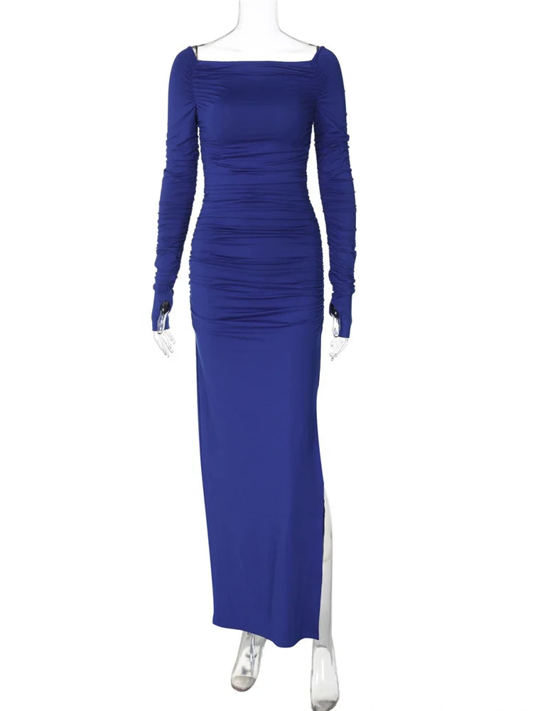 שמלת מקסי כיווצים בעיטור שסע - MARINA