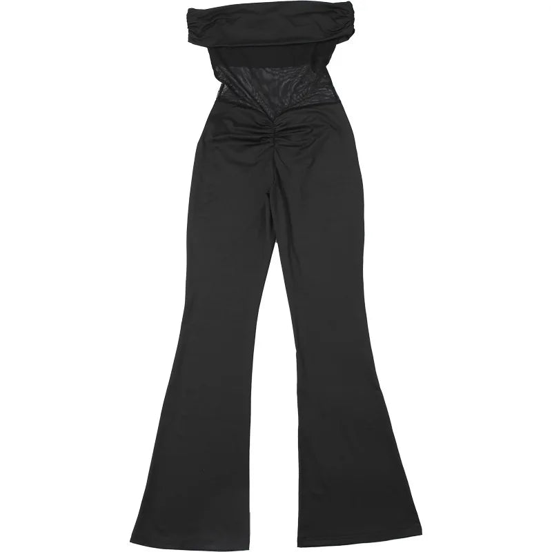 אוברול בד מחטב בעיצוב רשת וכתפיים חשופות מכנסי פדלפון - מאיילין