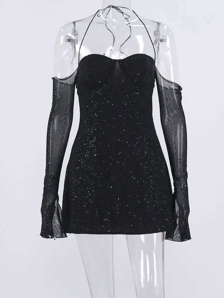 שמלת מיני נצנצים בעיצוב כתפיים חשופות ושרוולי רשת - Barbara