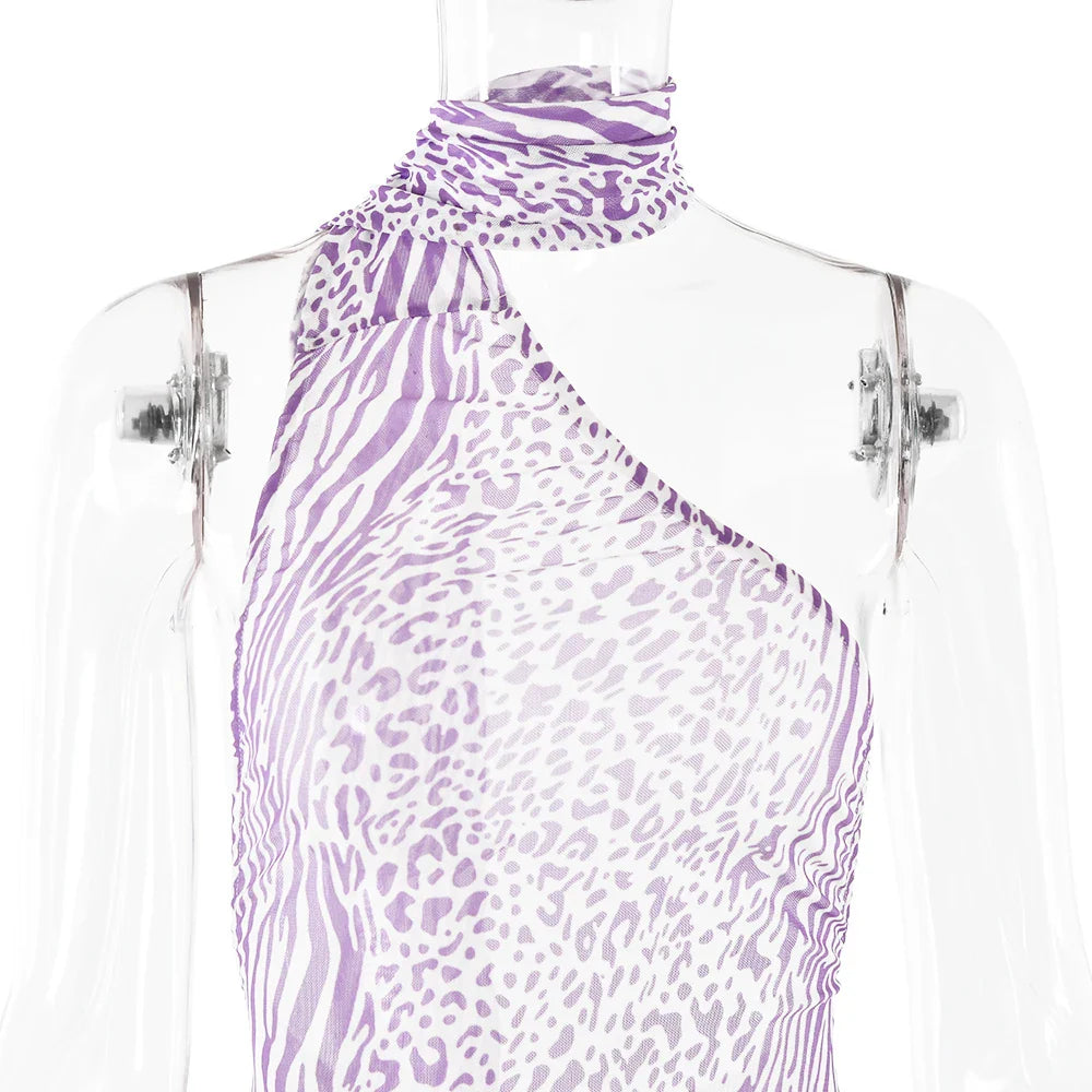 שמלת מקסי רשת מנומרת גב פתוח קשירה בצוואר - Jessica