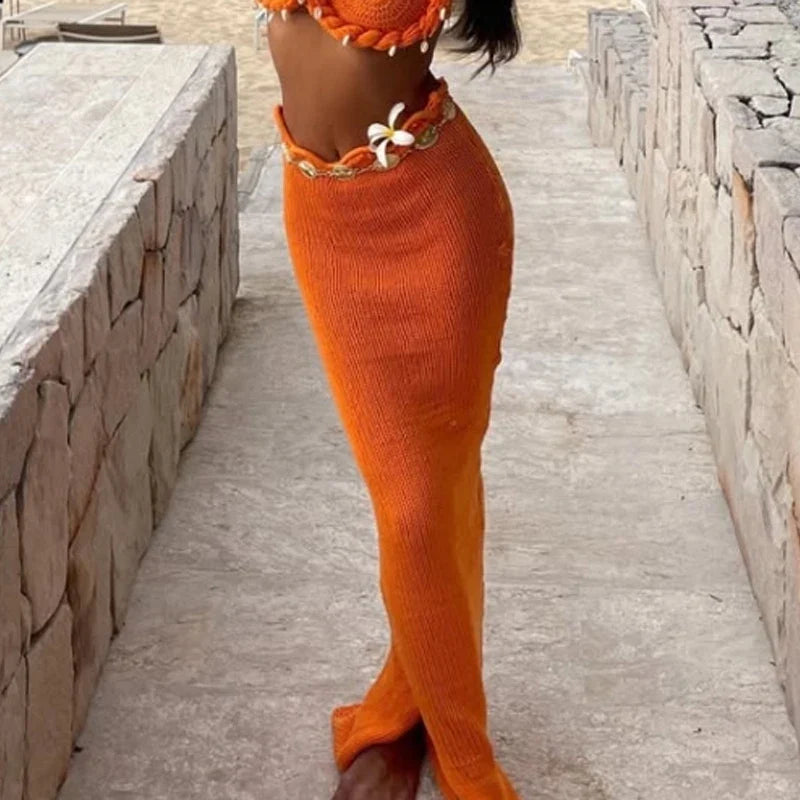 סט חוף סרוג שני חלקים בעיטור צדפות ופנינים טופ וחצאית מקסי / מיני - Adrianna