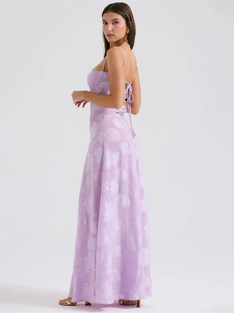 שמלת מקסי בעיטור רקמת פרחים קשירה בגב להצמדה במותן - מילי