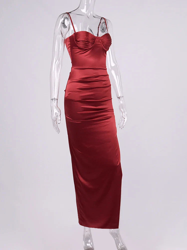 שמלת מקסי סאטן אלגנטית שסע עמוק - ונסיה