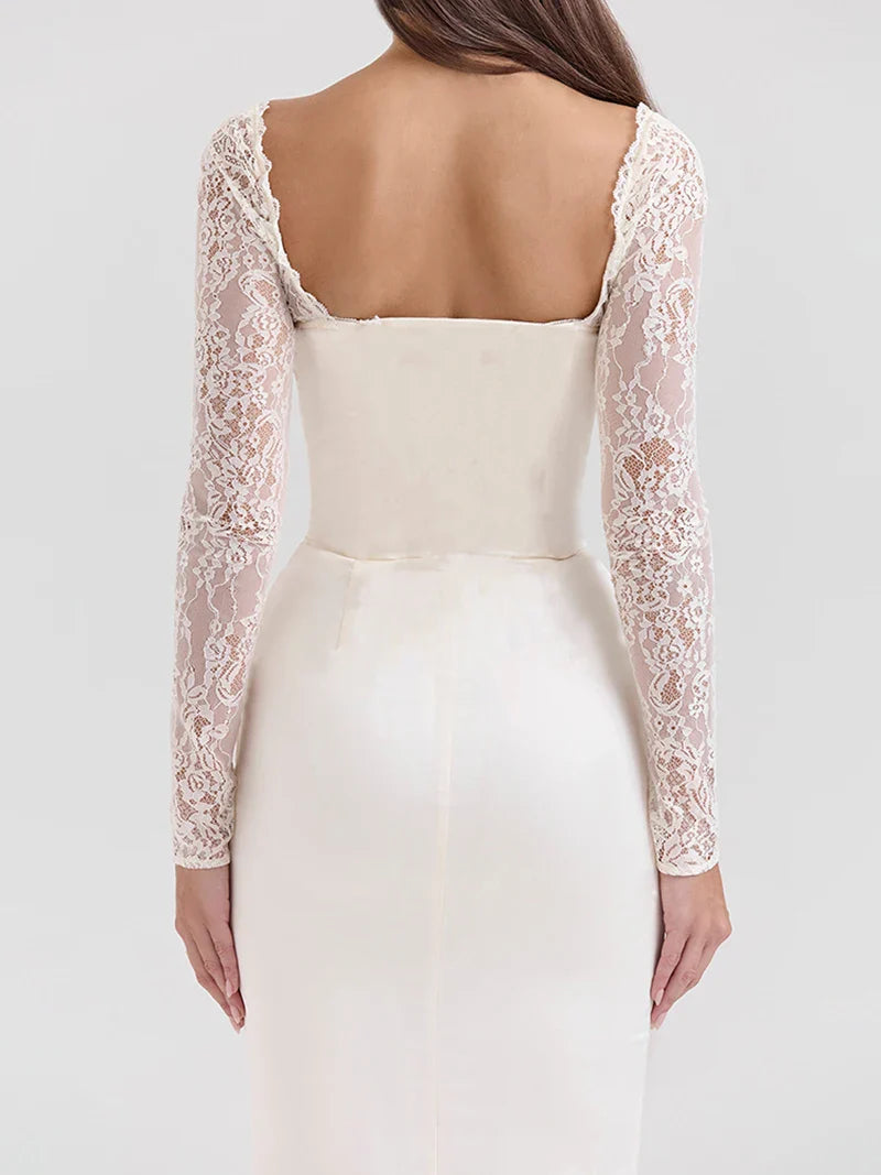 שמלת מקסי סאטן בעיצוב מחוך בעיטור תחרה - ג'ויה