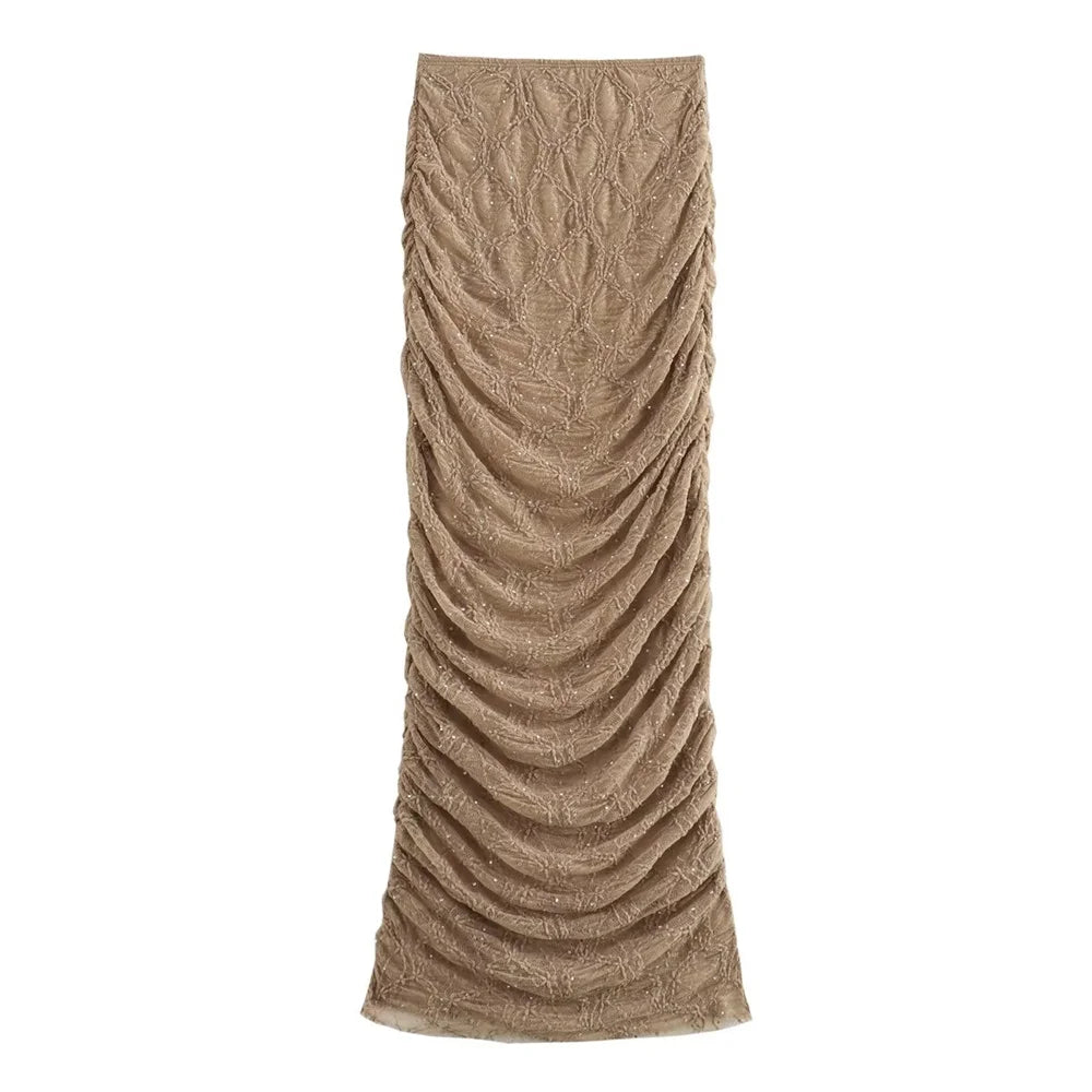 סט שני חלקים טופ כתפייה אחת וחצאית מידי בעיצוב קפלים תחרה בעיטור זרקונים - MELLISA