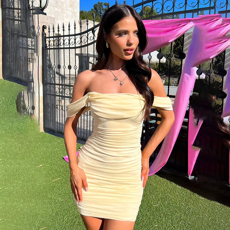 שמלת מיני קיפולים צמודה כתפיות רשת נופלות - Luz