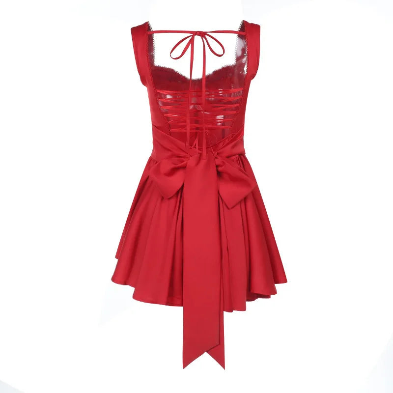 שמלת מיני בגזרת A קשירה בגב בעטור פפיון - דמי